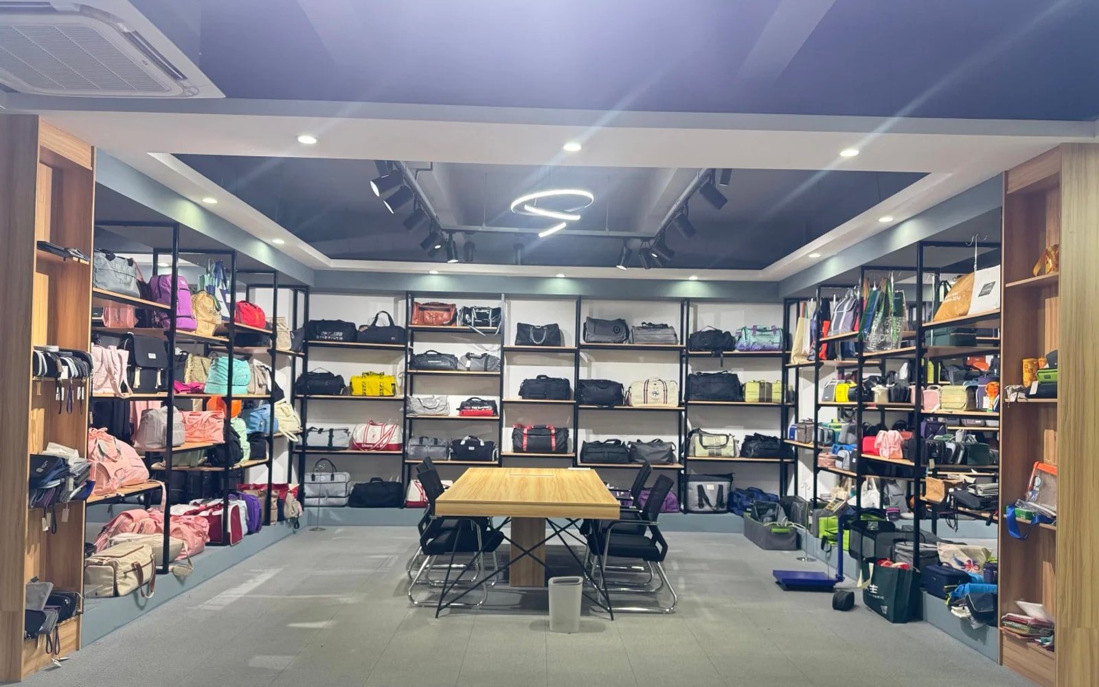 Bag showroom displaying samples for wholesale and private-label projects
