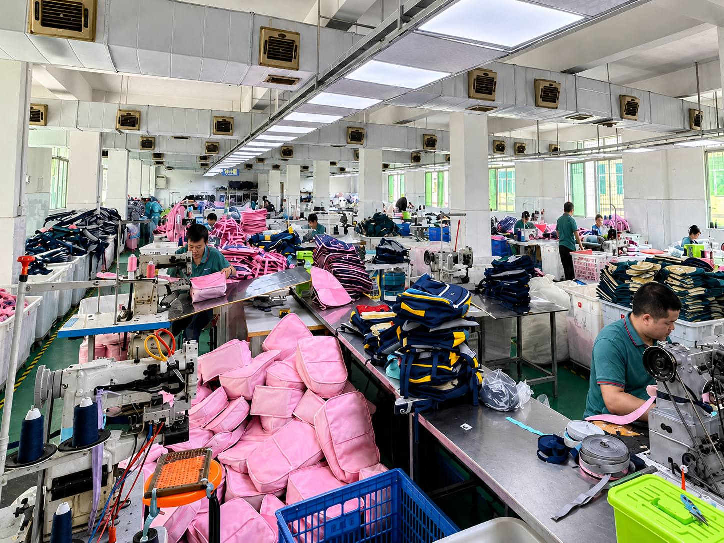 Workers producing colorful bags in the Pengnan Bags factory workshop