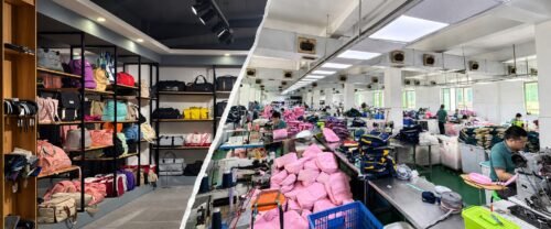 Pengnan Bags showroom and production workshop separated by a diagonal paper edge