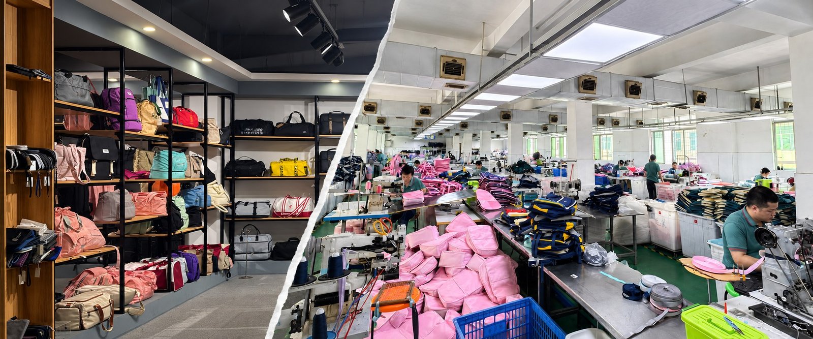 Pengnan Bags showroom and production workshop separated by a diagonal paper edge