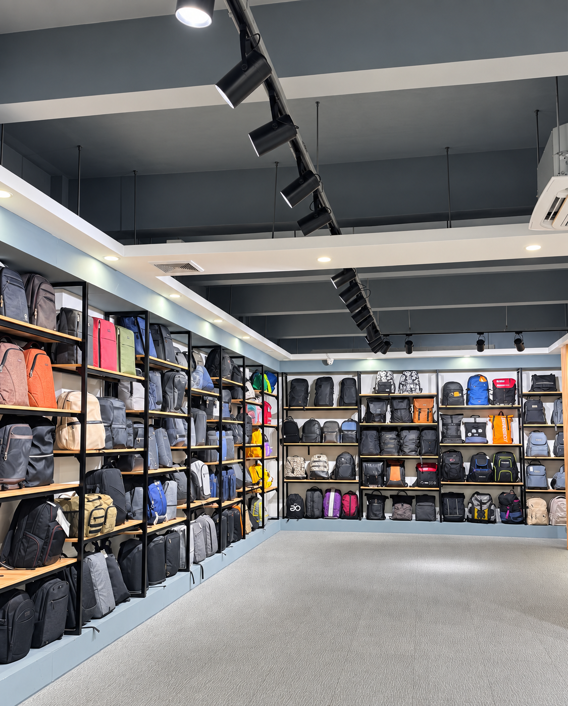 Bag showroom displaying backpack styles at Pengnan Bags